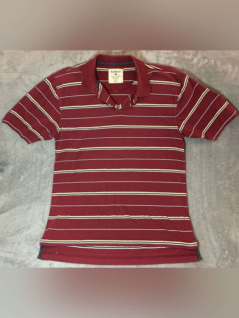 Ruff Hewn Well-Worn Men's Polo Shirt Burgundy/White/Beige Striped Short Sleeve M